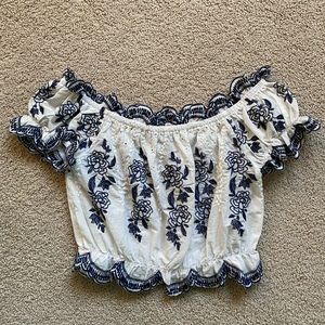 White and blue off the shoulder top